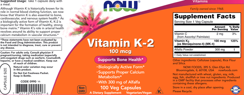 Vitamin K-2 100 mcg (NOW) Label