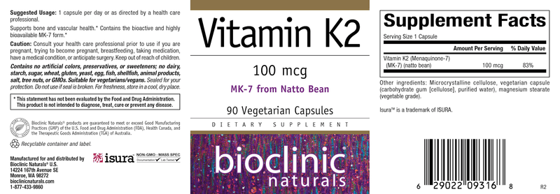 Vitamin K2 100mcg (Bioclinic Naturals) Label