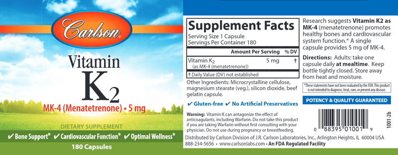 Vitamin K2 5 mg (Carlson Labs) 180ct label