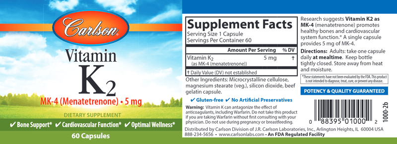 Vitamin K2 5 mg (Carlson Labs) 60ct label