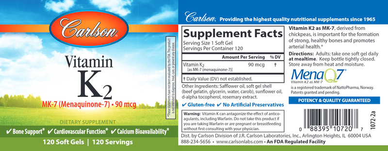 Vitamin K2 MK7 (Carlson Labs) label
