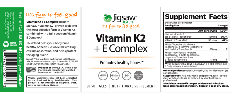 Vitamin K2 + E Complex (Jigsaw Health) Label