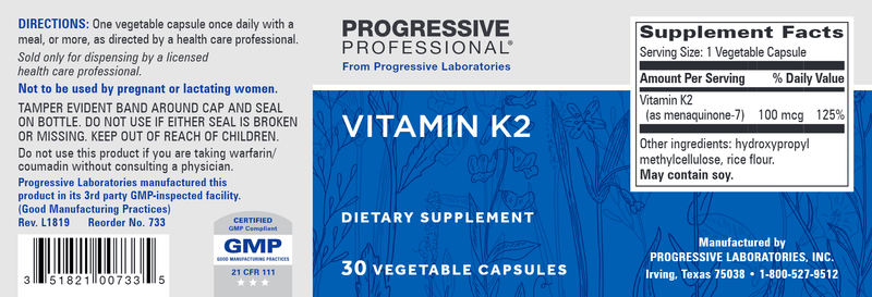 Vitamin K2 (Progressive Labs) Label