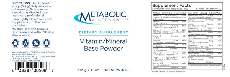 vitamin mineral base powder (metabolic maintenance) label