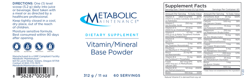 Vitamin/Mineral Base Powder (Metabolic Maintenance) label