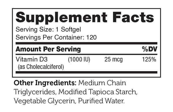 Vitamin D3 1000 IU Supplement Facts Label