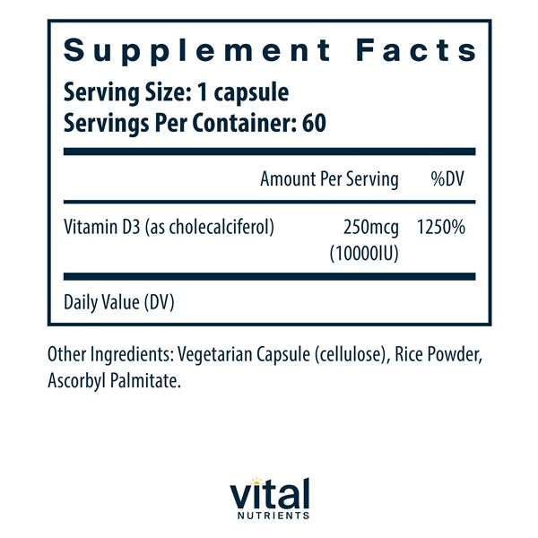 Vitamin D3 10,000IU Supplement Facts Label