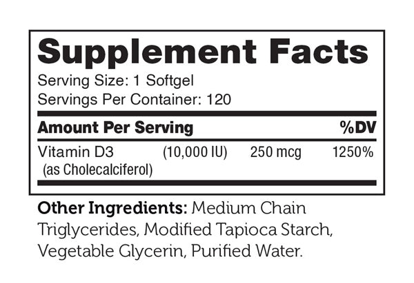 Vitamin D3 10,000 IU Supplement Facts Label