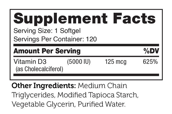 Vitamin D3 5000 IU Softgels Supplement Facts Label