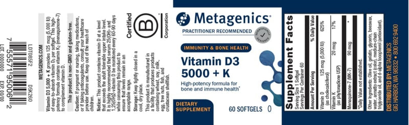 vitamin d3 5000 + k metagenics label
