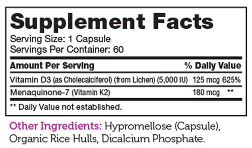 Vitamin D3 & K2 Capsules Supplement Facts Label