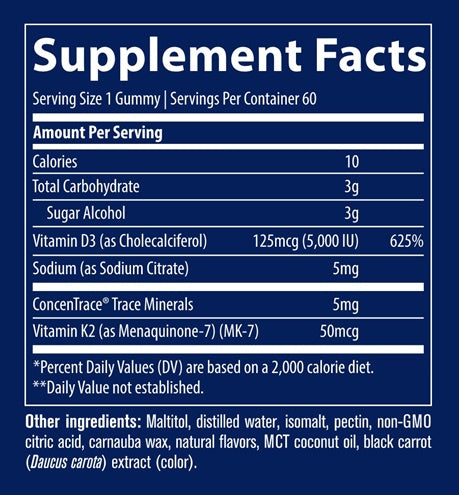 Vitamin D3 + K2 Gummies Supplement Facts Label