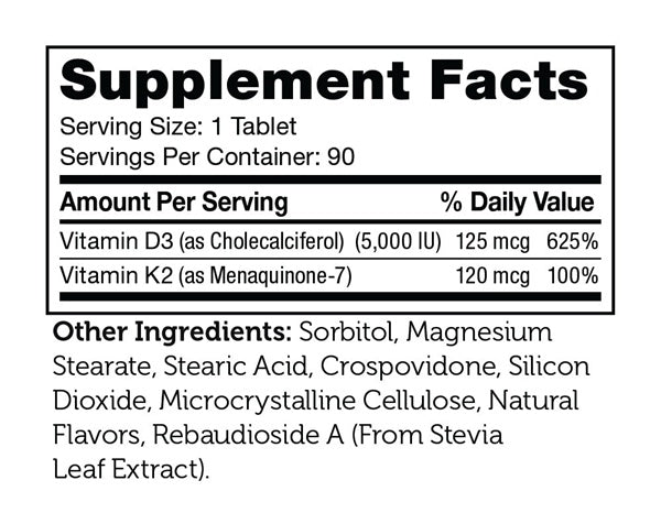 Vitamin D3 & K2 Chewable Supplement Facts Label
