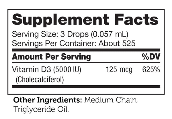 Vitamin D3 Liquid 5000 IU Supplement Facts Label