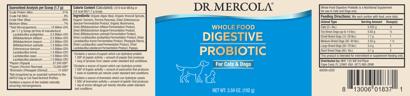 Whole Food Digestive Probiotic for Pets (Dr. Mercola) Label