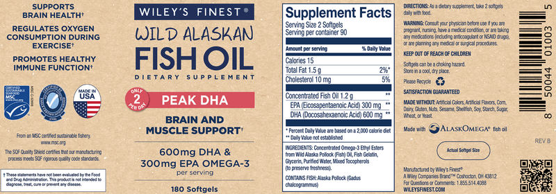 Wild Alaskan Fish Oil - Peak DHA (Wiley's Finest) 180ct Label