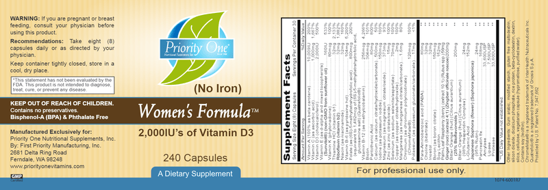 Women's Formula NO Iron (Priority One Vitamins) label