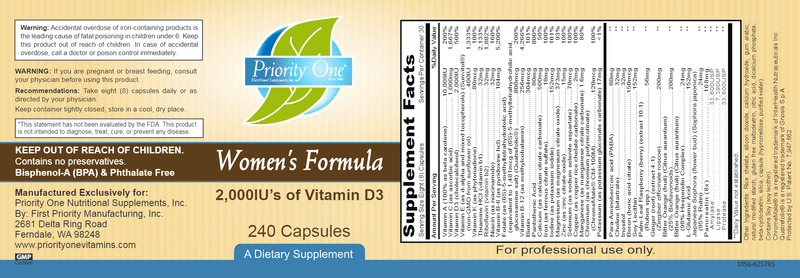Women's Formula (Priority One Vitamins) label