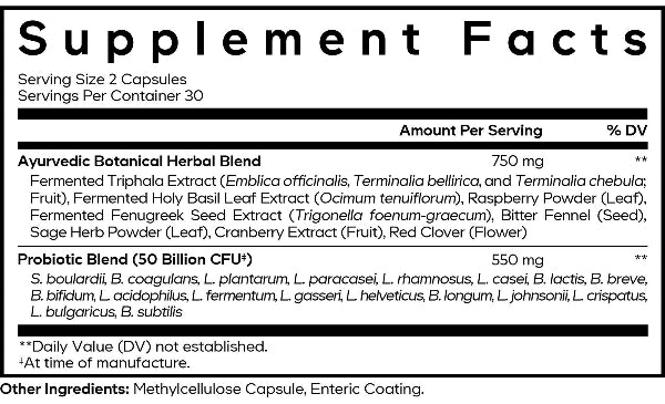 Women's SBO Probiotic Supplement Facts Label