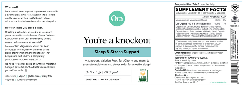 You're A Knockout: Sleep & Stress Support Capsules (Ora Organic) Label