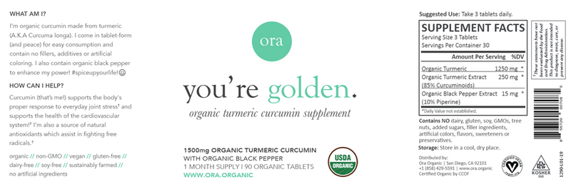 You're Golden: Organic Turmeric Tablets (Ora Organic) Label