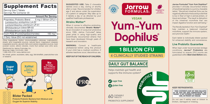 Yum-Yum Dophilus Raspberry 1 Bil Jarrow Formulas label