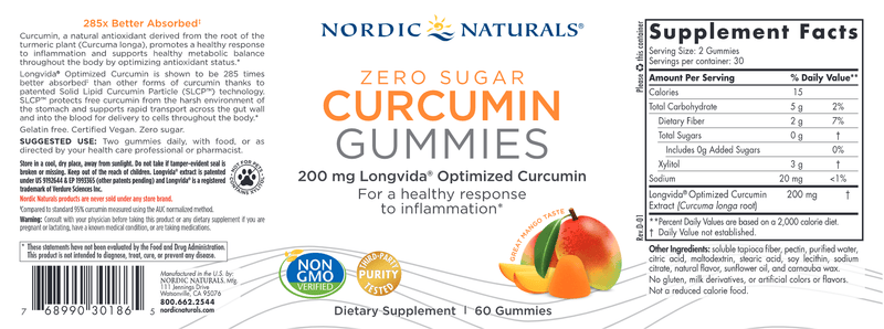Zero Sugar Curcumin Gummies 60 Gummies Mango (Nordic Naturals) Label
