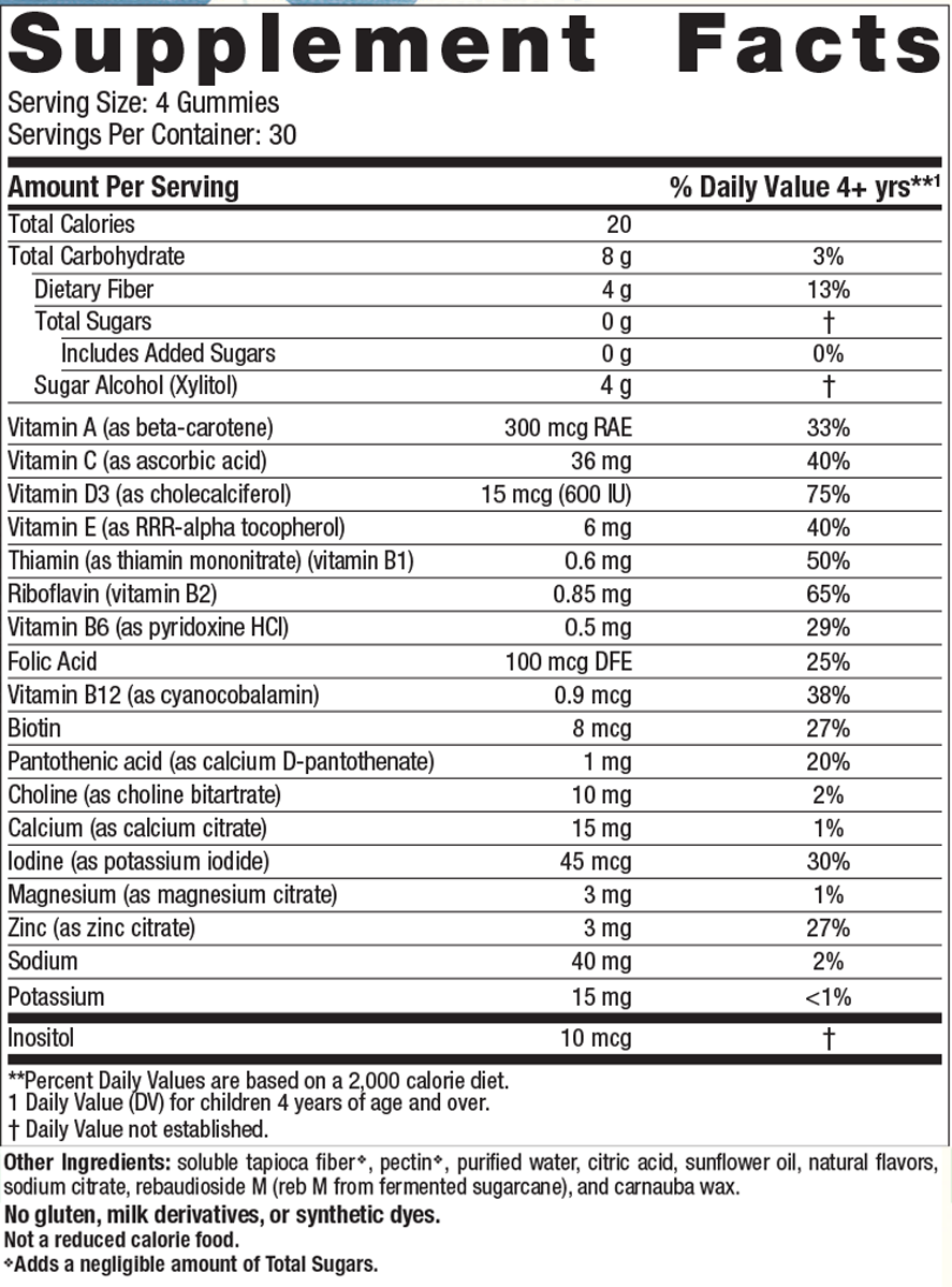 Zero Sugar Kids Multi Gummies 120 Gummies Orange Lemon Supplement Facts Label