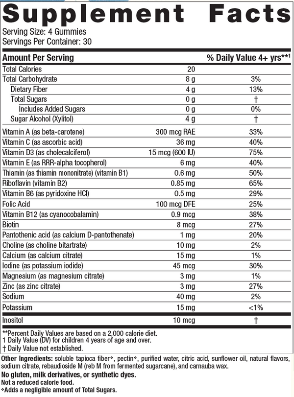 Zero Sugar Kids Multi Gummies 120 Gummies Orange Lemon Supplement Facts Label