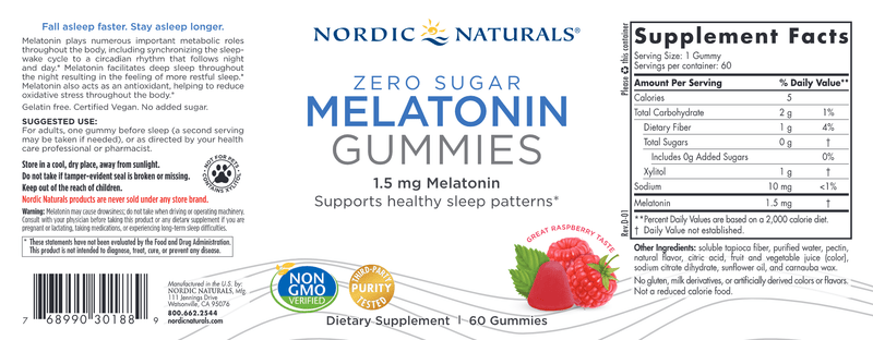 Zero Sugar Melatonin Gummies Gummies Rasberry (Nordic Naturals) 60ct Label