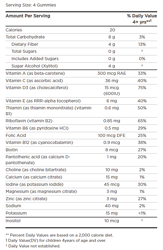 zero sugar kids multi gummies orange lemon (nordic naturals) supplement facts