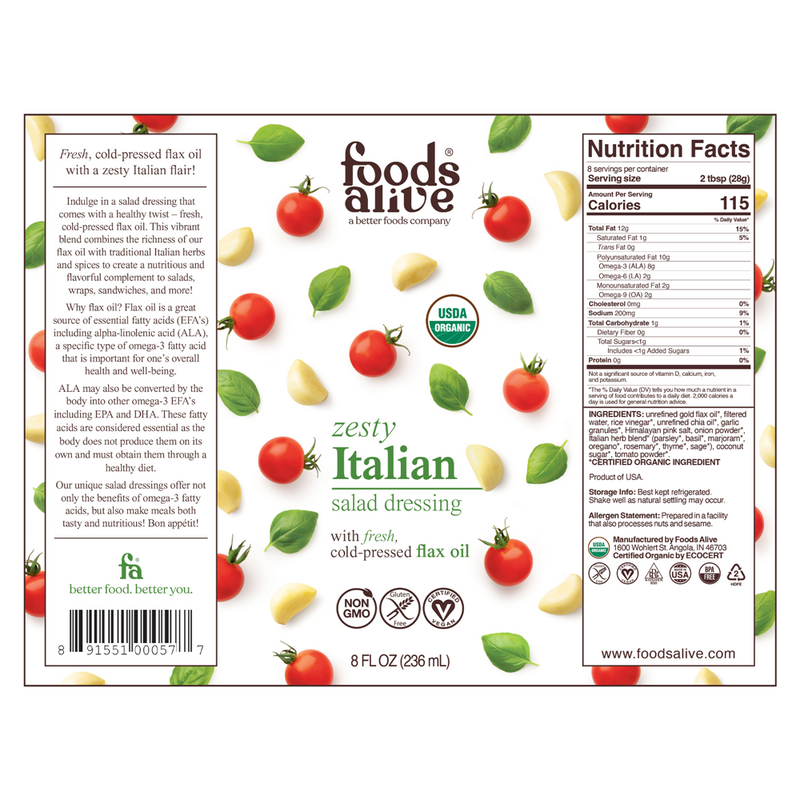 Zesty Italian Salad Dressing Foods Alive Label