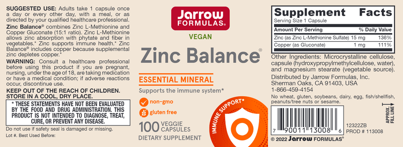 Zinc Balance 15 mg Jarrow Formulas label