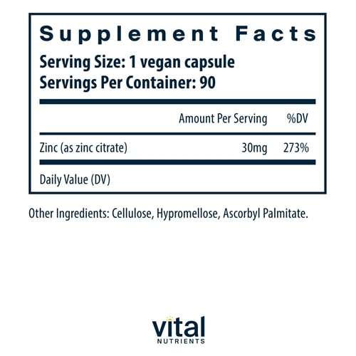 Zinc Citrate 30 mg Supplement Facts Label