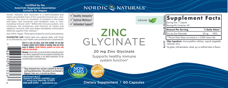 Zinc Glycinate 60 Capsules (Nordic Naturals) Label