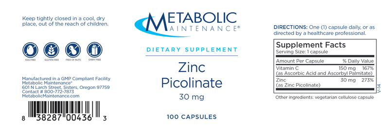 Zinc Picolinate 30 mg (Metabolic Maintenance) label