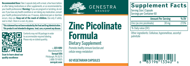 Zinc Picolinate Formula label Genestra