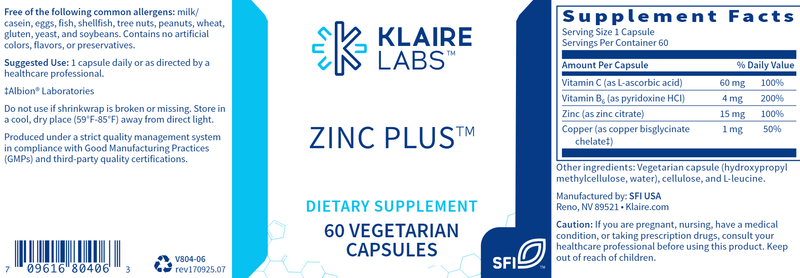Zinc Plus (Klaire Labs) Label