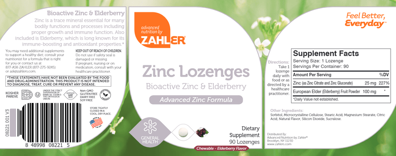 Zinc + Elderberry Lozenges (Advanced Nutrition by Zahler) Label