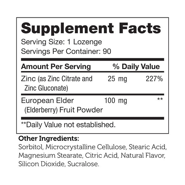 Zinc + Elderberry Lozenges Supplement Facts Label