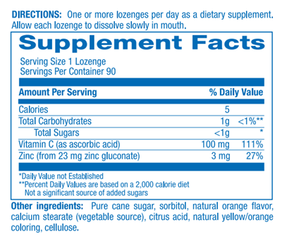 Zinc Lozenges Orange Supplement Facts Label