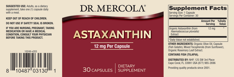 Astaxanthin 12 mg (Dr. Mercola) Label