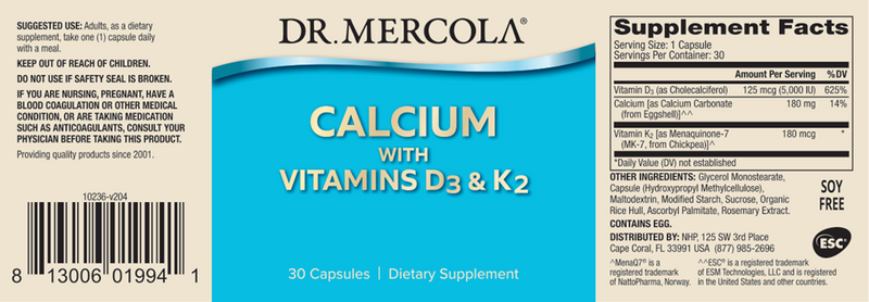 Calcium with Vitamins D3 and K2 (Dr. Mercola) Label