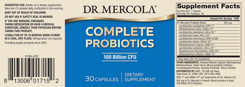 Complete Probiotics 100 Bill CFU (Dr. Mercola) Label