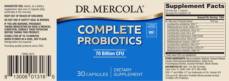 Complete Probiotics 70 Bill CFU (Dr. Mercola) Label