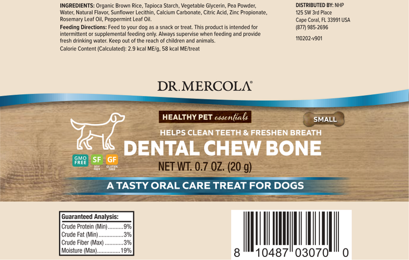 Dog Dental Chew Bones Small (Dr. Mercola) label