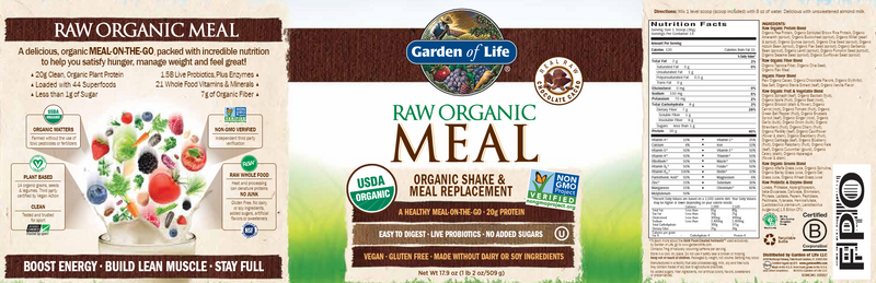 RAW Organic Meal Chocolate Packets (Garden of Life) label