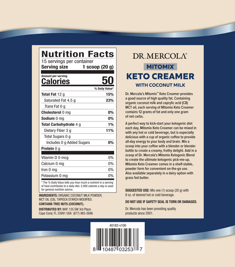 Mitomix Keto Creamer with Coconut Milk (Dr. Mercola) label