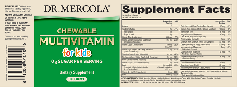Chewable Multivitamin for Kids (Dr. Mercola) Label
