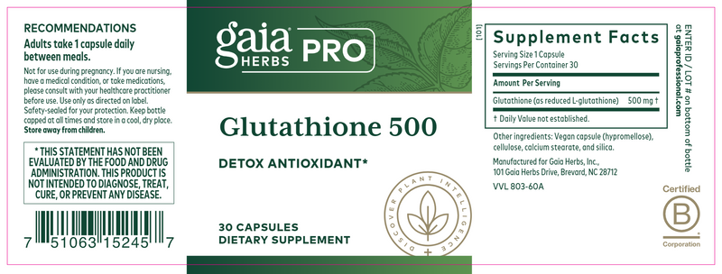 Glutathione 500 (Gaia Herbs Professional Solutions) label